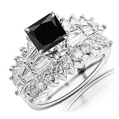 3.65 to 5.15 Carat t.w 14K White Gold Exquisite Prong Set Bageutte And Round Diamond Engagement Ring w/a Princess Cut Black Diamond Heirloom Quality