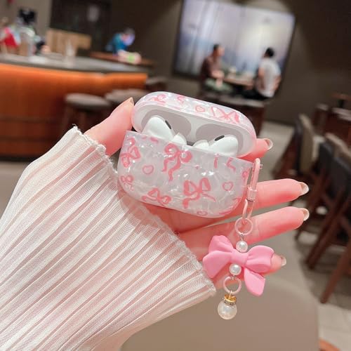 Image of MINSCOSE for Cute Glitter AirPods Pro 2nd /1st Generation Case,Shell Pattern Bow Ribbon Trendy Design with Bowknot Pearl Keychain,Protective Shockproof Cover for Airpods Pro /Pro 2-Pink
