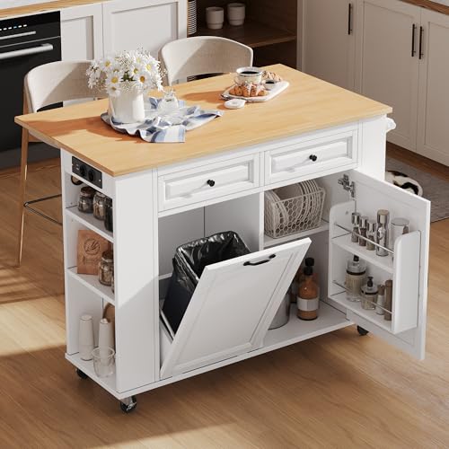 luckdect îLot De Cuisine sur roulettes avec Rangements, îLot De Cuisine avec Poubelle Et Porte-Serviettes, îLot De Cuisine Mobile éQuipé d'une Prise...