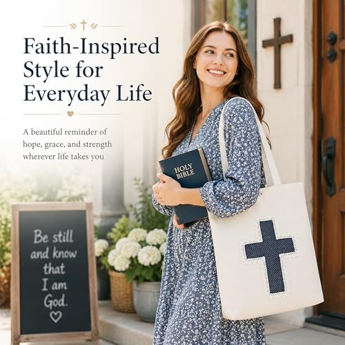 Image of Christian Tote Bag Gift for Women, Canvas Bible Bag Handmade Floral Cross | Christian faith-inspired gift, handcrafted cross with lace, inner pocket, snap closure, bottom gusset, church Bible study use