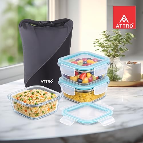 Image of ATTRO Sling Glass Lunch Box Set with Insulated Lunch Bag, 3 x 310ml Airtight Leakproof Containers, Microwave & Freezer Safe Borosilicate Glass Food Storage Containers for Office, School & Travel-Grey