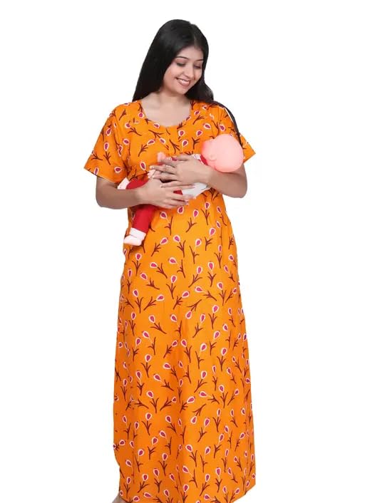 Women's Maternity Cotton Yellow Printed Nighty | Feeding Friendly Front Open Short Sleeve Night Dress-picture-20