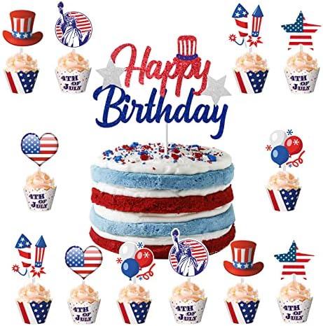 4th of July Happy Birthday Cake Topper 4th of July Cake Topper Cake Decorations Independence Day Patriotic Cake Topper 4th of July Birthday Party Decorations Red White Blue Birthday Party Decorations