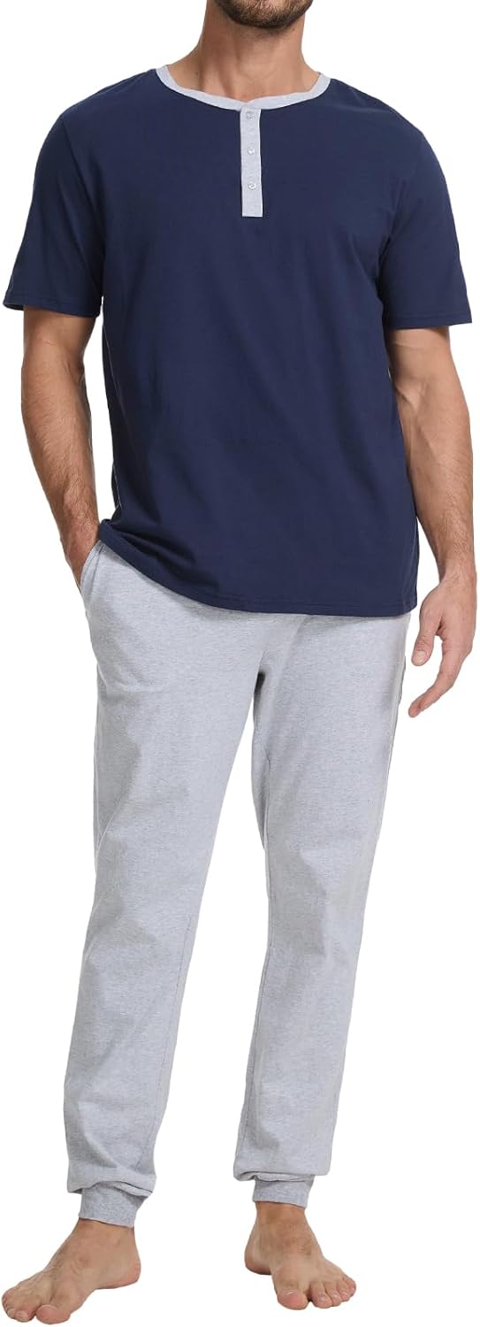 Men's Pajama Set with Henley Neckline 100% Cotton Soft and Comfortable Nightwear 2-...