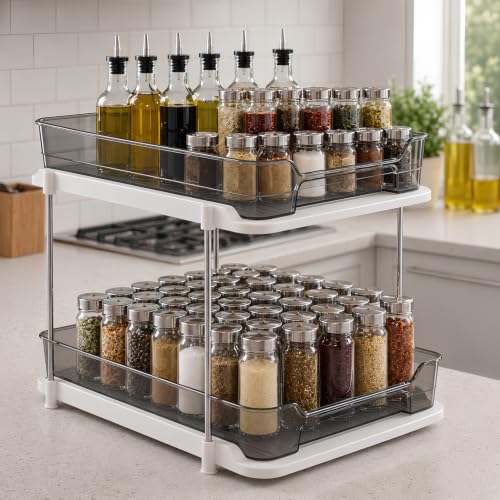 Image of Satpurush 2 Tier Kitchen Organizer Rack for Countertop, Space Saving Multipurpose Organiser with Transparent Trays for Spice Jars, Oil Bottles & Containers, (27.5 x 28 x 19 cm, Smoke Gray)