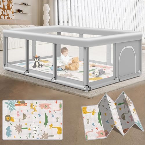 Image of Baby Playpen with Mat 74 inch x50 inch, Large Play Yards Indoor & Outdoor, Sturdy Safety Baby Play Pen with Soft Breathable Mesh, Toddlers Play Pen with Anti-Slip Base, Waterproof Mat Included