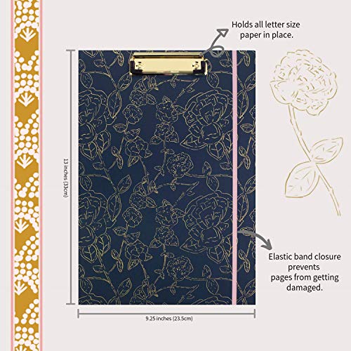 Steel Mill & Co Cute Clipboard Folio with Refillable Lined Notepad and Interior Storage Pocket for Women, Stylish Metallic Gold Floral on Navy Design Clipfolio, Navy Floral