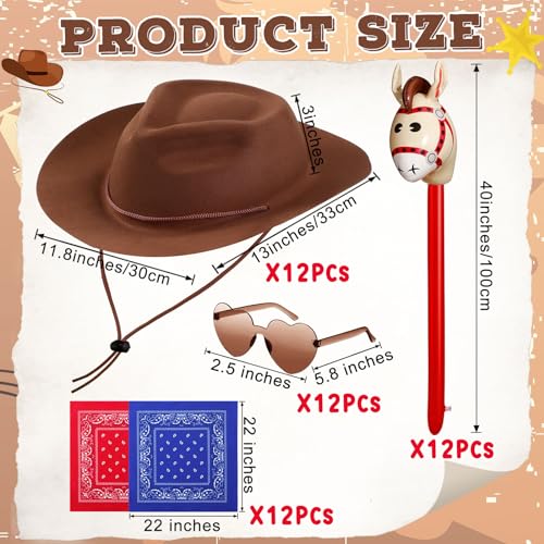 48 Pcs Kids Cowboy Hat Set with Bandanas and Stick Horses, Brown - Image 3