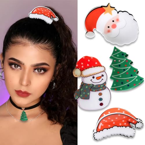 4Pcs Christmas Hair Claw Clips for Girls Women Cute Hairpin Santa Claus Christmas Tree Xmas Hat Snowman Strong Hold Non-Slip Hair Catch Barrettes Hair Clamps Jaw Clips Styling Accessories