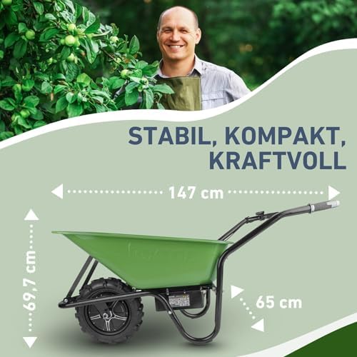 Bild 3 - Extol Craft elektrische Schubkarre mit Akku, 500 W, 80 L Mulde & 150 kg Traglast, leistungsfähige Motorschubkarre, Offroad-taugliche Akkuschubkarre, mit Zwei 12V Blei Batterien
