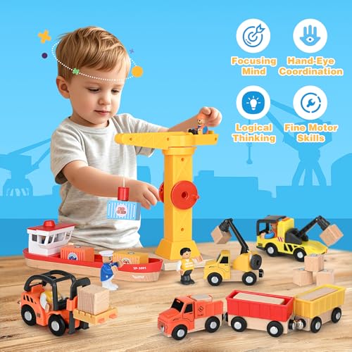 Image of Vanplay Crane Toy Construction Site Vehicles Children - Wooden Construction Site Toy from 3 Years Boy with Ship, Truck Crane Truck Dump Truck Trailer & Forklift Gift 3 4 5 Years Boy