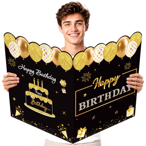 WNINK Jumbo Birthday Card with Envelope, Black Gold Extra Large Greeting Card for Girls Boys Men Women Birthday Party Supplies 22 x 14 Inch