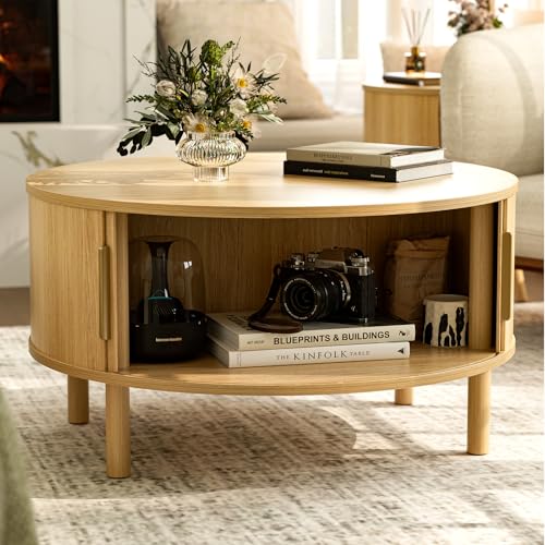 Image of ZttRiee Round Coffee Table with Sliding Doors, Modern, Natural | O30.0 inchD x 16.3 inchH, 200 lbs capacity, dual sliding-door storage, ~45 min assembly.