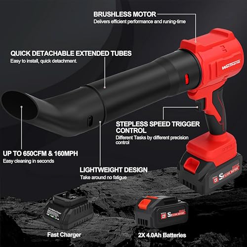 Image of WelTherm 48V BLDC Turbo Cordless Air Blower with Dual Batteries & Fast Charging Dock, Brushless High Power Leaf & Dust Blower, Variable Speed with Extended Nozzles for Home, Car & Outdoor X96