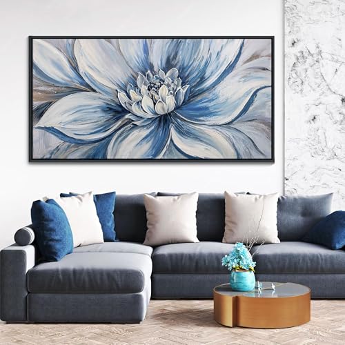Image of Pogusmavi Blue Floral Wall Art for Living Room - Large Textured Flower Pictures for Bedroom - Canvas Paintings, Extra Large Blue and White Wall Decor Dining Room Artwork for Walls 29x58IN