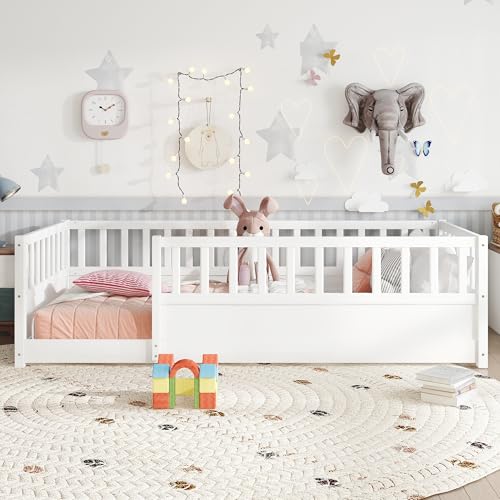 Image of Twin Size Kids Montessori Floor Bed Frame with High Fence,White
