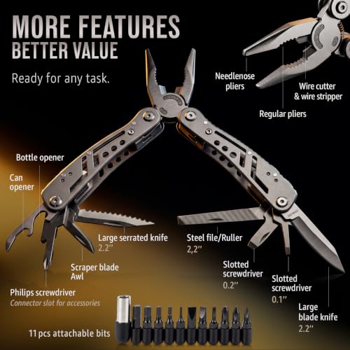24-in-1 Multitool with Knife, Pliers, 11 Bits Sharp Stainless Steel & File - Multi Tool for Men - Ideal Gear with Tools for Camping Hiking, Survival, EDC - Best Gifts for Husband Boyfriend 2238 - Image 3