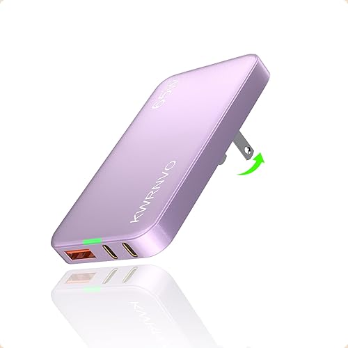 Miniatura 10 de Cargador de pared USB plano, cargador GaN de 3 puertos con 2 puertos tipo C y 1 puerto USB-A, enchufe de pared rápido ultradelgado para MacBook