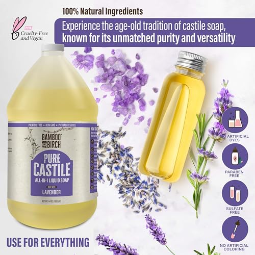 Image of BAMBOO AND BIRCH Pure Castile Soap Liquid, Certified Palm Oil Free Natural Soap, Lavender, 1 Gallon