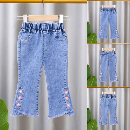 Girl's Y2k Flared Jeans Elastic Waist Raw Split Hem Bell Bottoms Cute Flowers Denim Pants Kids Preppy Swearpants2