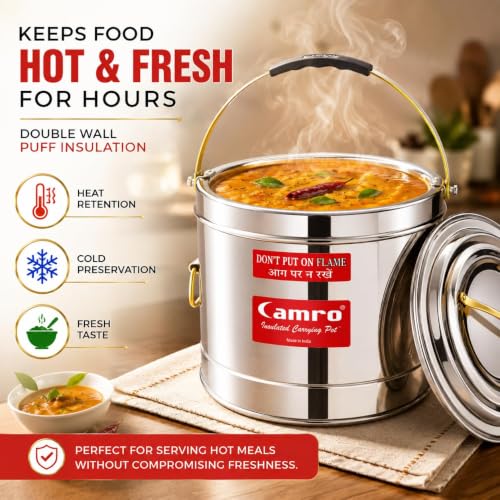 Image of Camro Sambar Pot Stainless Steel 3 Liters | Sambar Pot with Lid | Casserole for Cooking | Canteen & Hotel Casserole Container | Picnic Hot | Biryani Box Puff Insulated Hot & Cold Serving