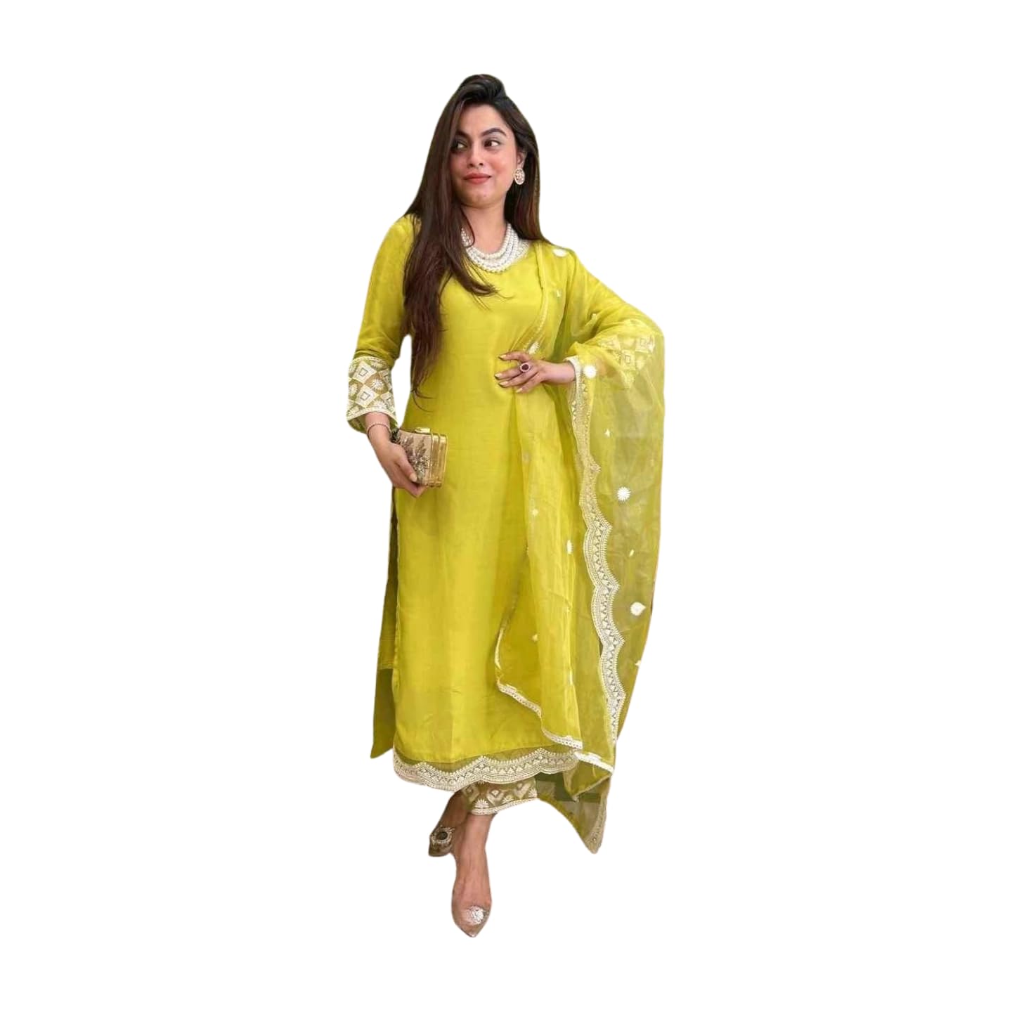 Shiv Textiles Women's Chanderi Silk Embroidered Kurta Pant Dupatta Set(Jda-Kamya-Yellow-M)