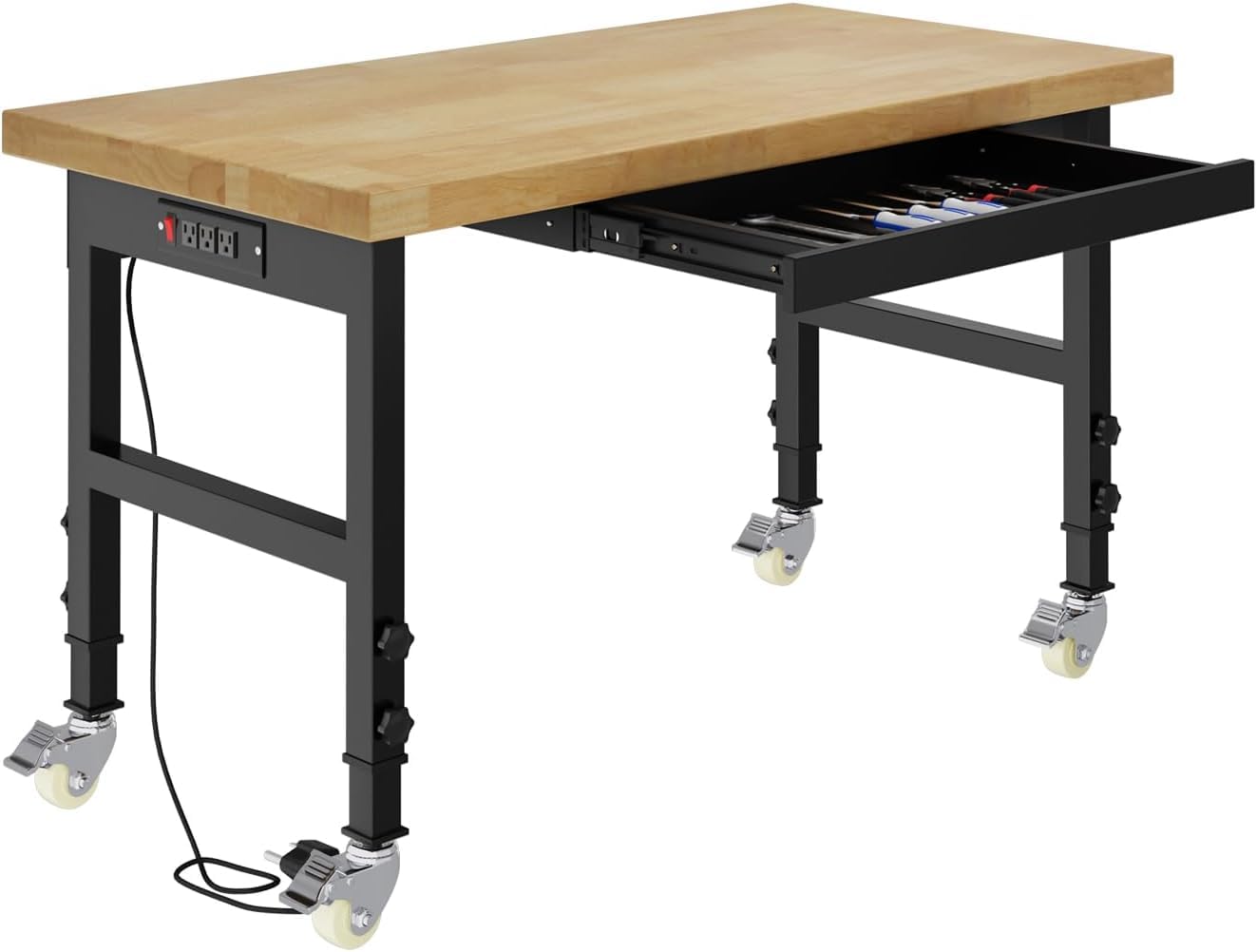Pelnuies 48" Heavy Duty Work Bench with Drawers, Adjustable Height Workbench with Wheels, 2000 LBS Capacity Work Table with Power Outlets for Garage,