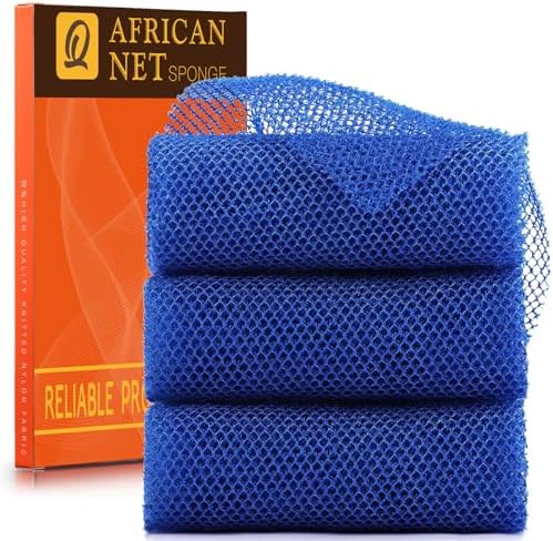 3 Pieces African Bath Sponge African Net Long Net Bath Sponge Exfoliating Shower Body Scrubber Back Scrubber Skin Smoother,Great for Daily Use (Blue)