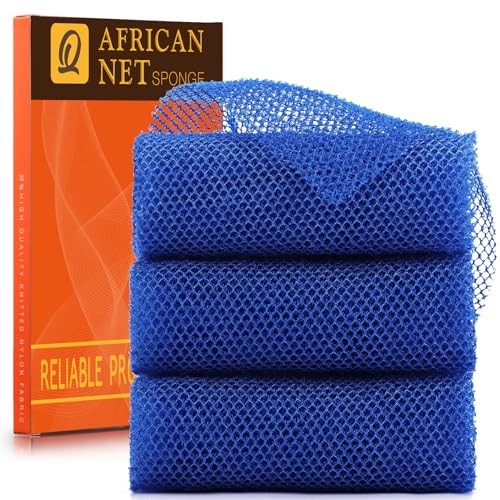 UJFQBH 3 Pieces African Bath Sponge African Net Long Net Bath Sponge Exfoliating Shower Body Scrubber Back Scrubber Skin Smoother,Great for Daily Use (Blue)