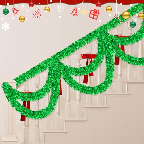 Image of 50FT Green Christmas Tinsel Garland - Metallic Tinsel Glitter Twist Garland Hanging Streamers for Indoor Decor, Xmas Tree Garlands Decorations