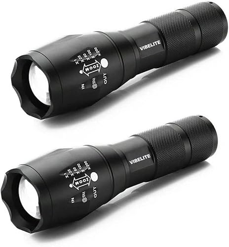 Dream Master Vibelite Led Flashlight Pack - 2 Super Bright Compact Tactical Flashlights with 5 Modes Waterproof Zoomable Focusing Torches for Camping Disaster Prevention, A01, Black