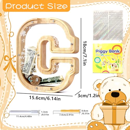 Mikytoper Letter Money Box for Kids Wooden Personalized A-Z Alphabet Piggy Bank Clear Money Bank Coin Bank for Gift Decoration Baptism (C) - Image 2