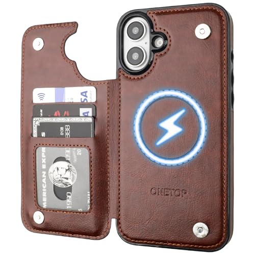 ONETOP Compatible with Magsafe for iPhone 16 Plus Wallet Case with Card Holder, PU Leather Kickstand RFID Blocking Case, Double Magnetic Clasp and Durable Shockproof Cover 6.7 Inch (Brown)