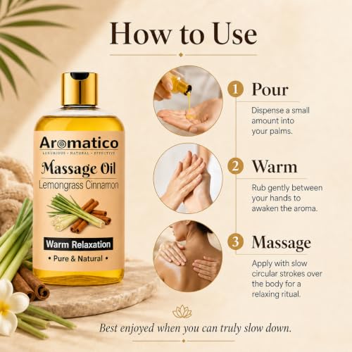 Image of AROMATICO Lemongrass Cinnamon Warm Massage Oil - Ideal for Hot Oil Massage | Body Massage Oil with Almond & Jojoba for Full Body Relaxation | 300ml