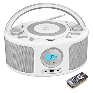 Portable CD Player Boombox with Bluetooth, FM Radio Stereo, Remote Control, USB MP3 Playback, 3.5mm Headphone Jack, AC/Battery Powered, Clear Stereo Sound