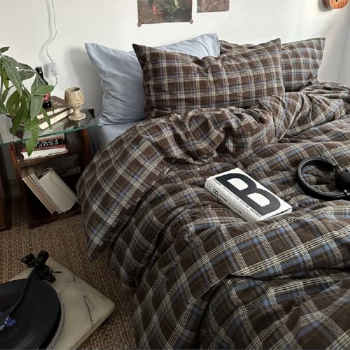 Image of Gingham Duvet Cover Set King Size Brown Blue Bedding Set for Girls Boys,Vintage Buffalo Plaid Duvet Comforter Cover with Grid Pattern with Zipper Closure and 2 Pillowcases
