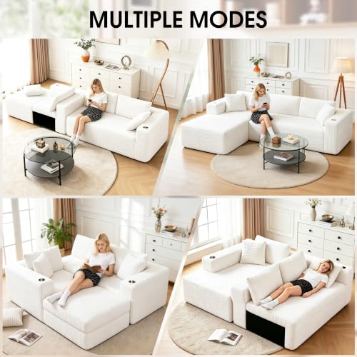 Image of Cloud Sectional Boneless Couches for Living Room,Modular Sectional Sofa with 2 Cup Holders,Memory Foam Cloud Couch with L Shaped Oversized Chaise,No Assembly Needed Plush Corduroy Sofa,Beige