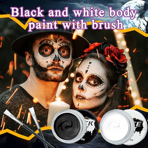 Black White Face Body Paint Set,Professional Oil Based Face Painting Kit with 2 Brushes,Halloween Face Paint SFX Makeup Palette Kit for Skull Costume Party Skeleton Cosplay Clown Art Theater - Image 3