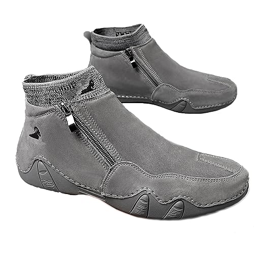 RiceelSor Men's Casual Leather High Top Loafers Hand-Stitching Side Zipper Driving Chukka Ankle Boots Fully Fur Lined Warm Non-Slip Waterproof Dress Shoe