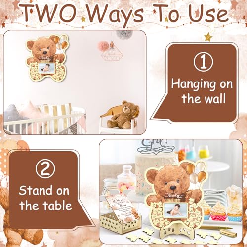 Image of Wenqik 63 Pcs Brown Bear Baby Shower Guest Book Alternatives Set Baby Shower Decorations with Photo Frame Sonogram Frame Keepsake 60 Wood Slices Guest Book for Birthday