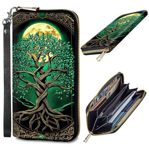Womens Wallet, PU Leather RFID Cute Wristlet Wallets for Girls Women Ladies Purse Large Credit Card Clutch Purse Card Holder Coin Pocket Travel Wallets with Zipper, Tree Moon