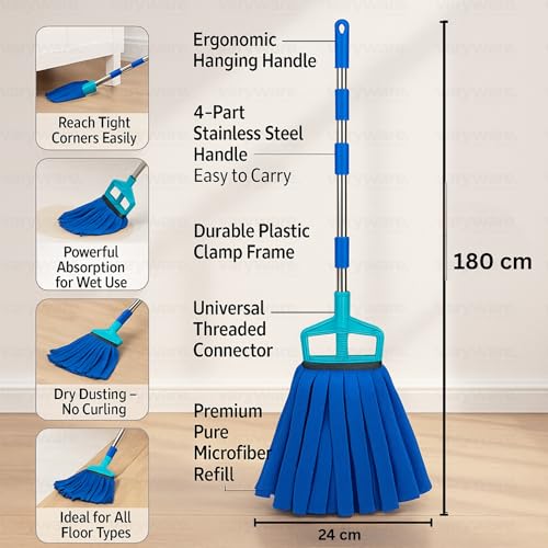 Image of Microfiber Mop with Heavy-Duty 4-Part Stainless Steel Handle - Washable Refill, 38cm Long Threads, for Wet & Dry Cleaning of Tile, Wooden & Marble Floors (Blue, Full Set)