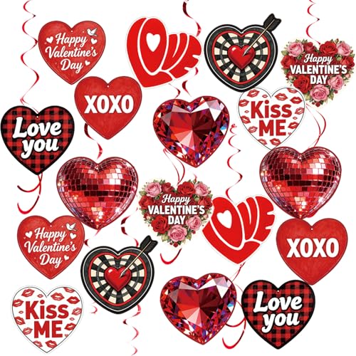 Image of 48 Pcs Red Heart Hanging Decor Set with Diamond, Disco Ball, Dartboard & XOXO Designs - Romantic Swirl Streamers for Valentine's Party, Anniversary, Holiday Celebration