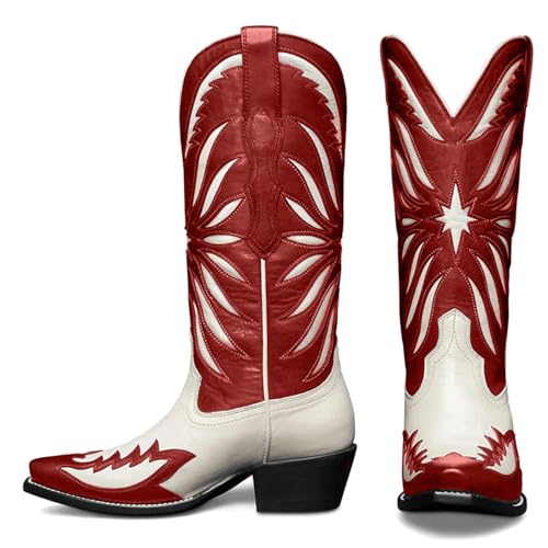 KISTANIA Red Cowboy Boots for Women Mid Calf Knee High Cowgirl Boots with Stars Flame Embroidery Western Square Toe Pull-On Leather Chunky Block Low Heel Distressed Red Booties Size 8