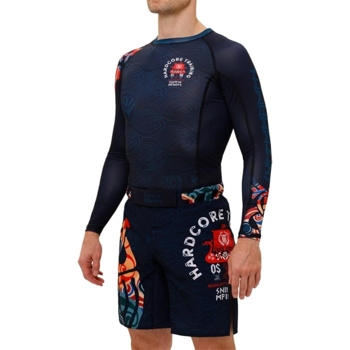 Hardcore Training Rash Guard Mężczyźni Kompresja Koszulka Długi Rękaw BJJ MMA No-Gi Obcisła Grappling Boks (DE/NL/SE/PL, Alfa, L, Regularny, Regularny, Dark Blue Black)