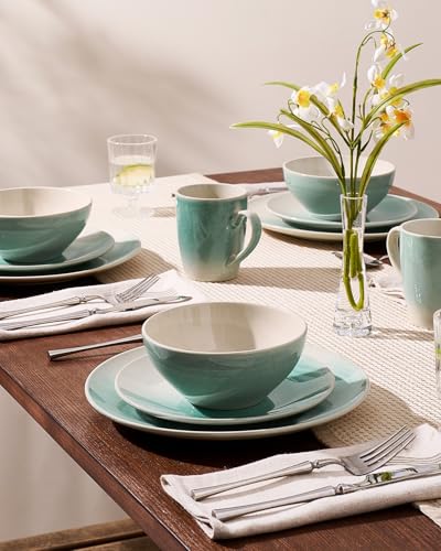 Image of Famiware Glacier Stoneware Dinnerware Sets, 12-Piece Plates and Bowls Set for 4, Reactive Glaze Dishes, Everyday & Formal Use, Dishwasher /Microwave Safe, Chip /Scratch Resistant, Two-Color Glazed, Aqua