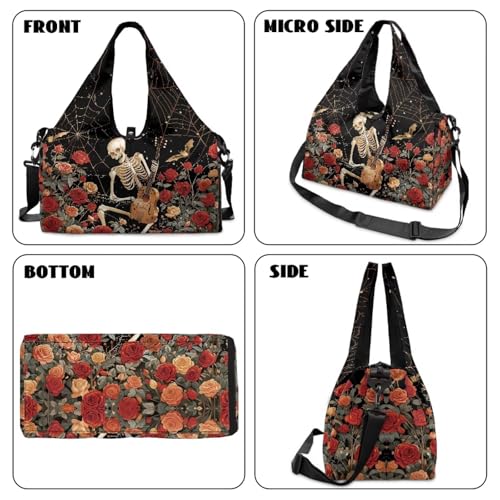 Travel Duffel Bag for Women Large Capacity Overnight Bag with Shoe Compartment Lightweight Sports Fitness Hospital Carry on Bags Halloween Decor Outfits, Red Roses Skeleton 5