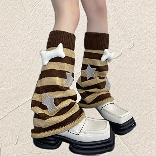 Smilepunk Kawaii Winter Leg Warmers Knitted Cute Subculture Half Sleeve Foot Leg Warm Socks Cycling Christmas Gift Women (Brown With Bone) #TOP1