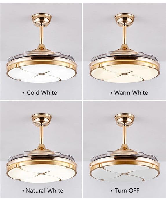 Image of Glowave Golden 42 inch 4 Leaf Chandelier Fan with 4 Invisible Retractable ABS Fan Blades Ceiling Fan Light with Remote Control 6 Speed Function - Tricolour Dimmable |White, Warm White, Natural White|