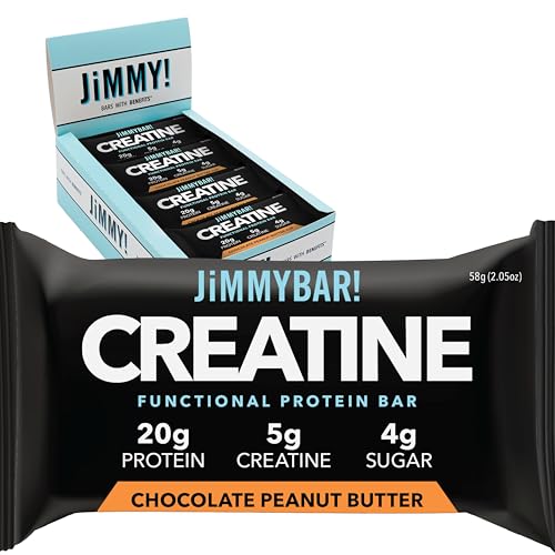 (NEW) JiMMYBAR! Creatine Protein Bar - 5g of Creatine Monohydrate + 20g Protein - High Protein Snack - Supports Muscle Growth, Strength & Recovery - Real Food Energy Bar for Athletes | Chocolate Peanut Butter | 1 Pack (12 Bars)